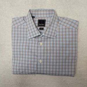 David Donahue Shirt Mens 17.5 34/35 Blue Check Point Collar Slim Dress Business
